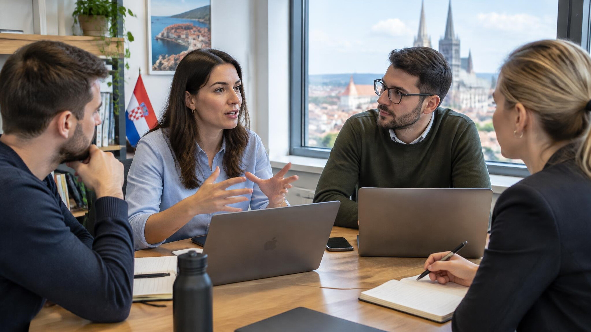 Colleagues in a discussion at a table with laptops