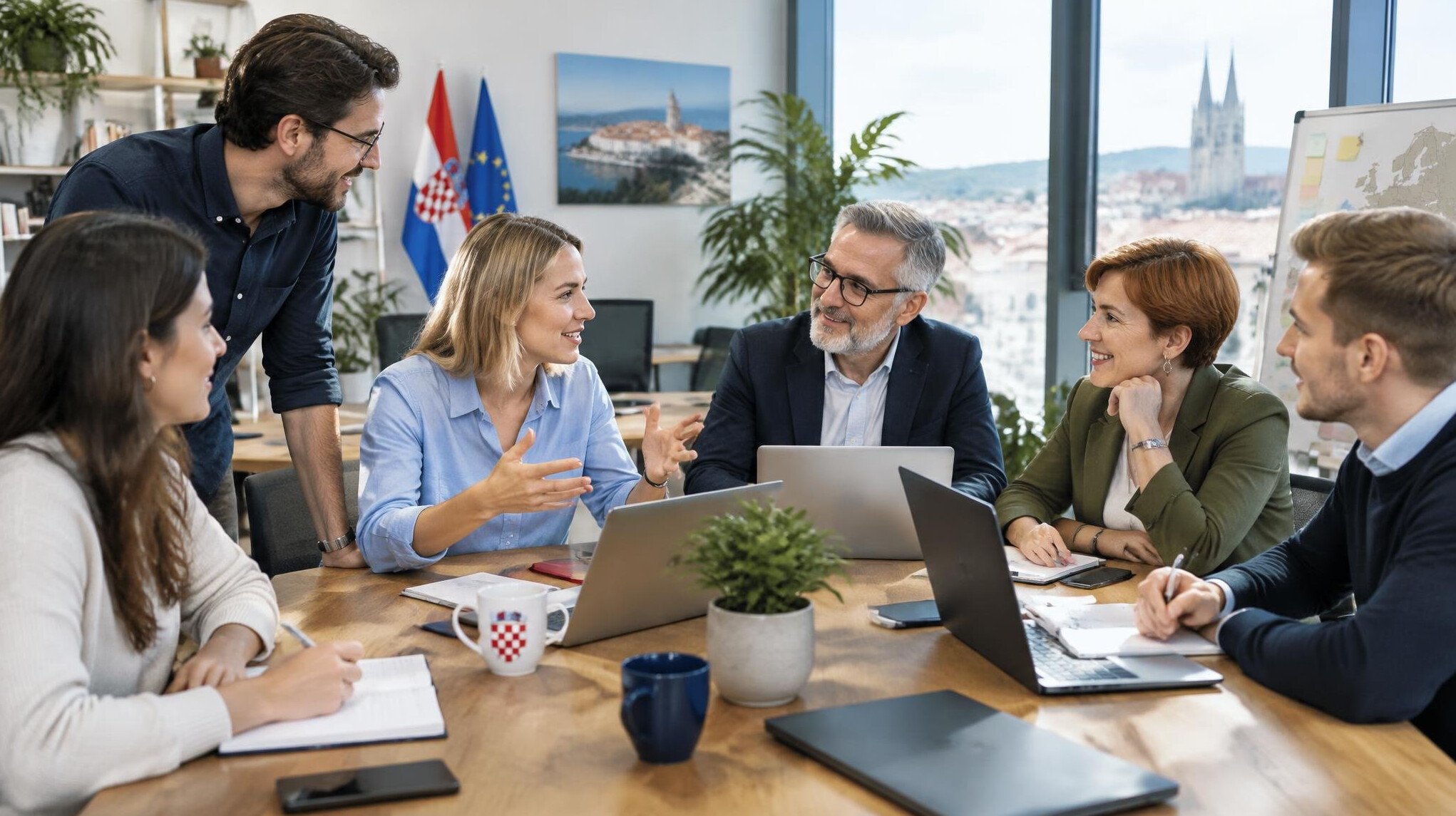 Group of colleagues collaborating around a table in a bright office