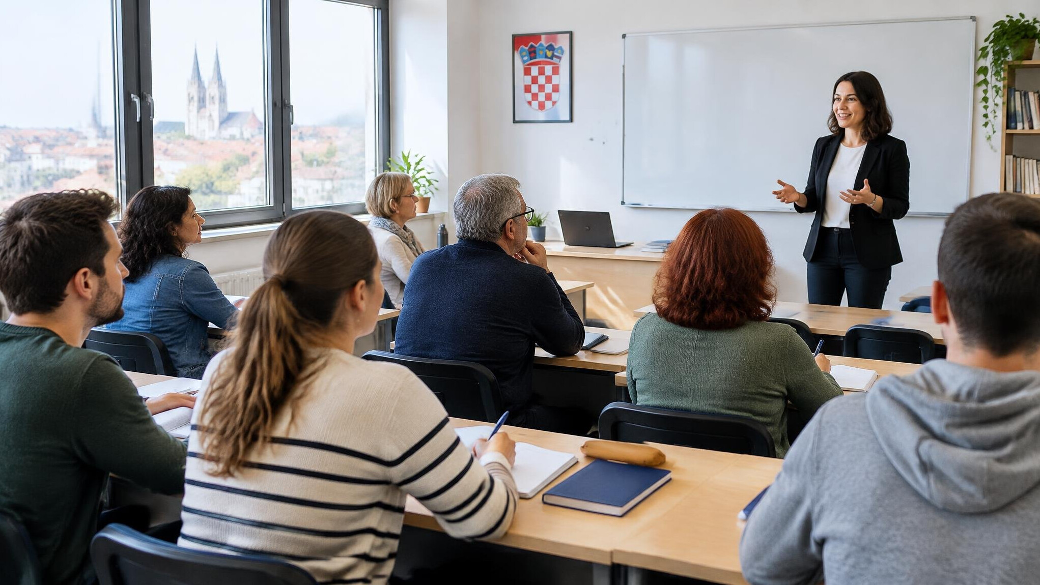 Lecture hall with a speaker and attentive adult learners
